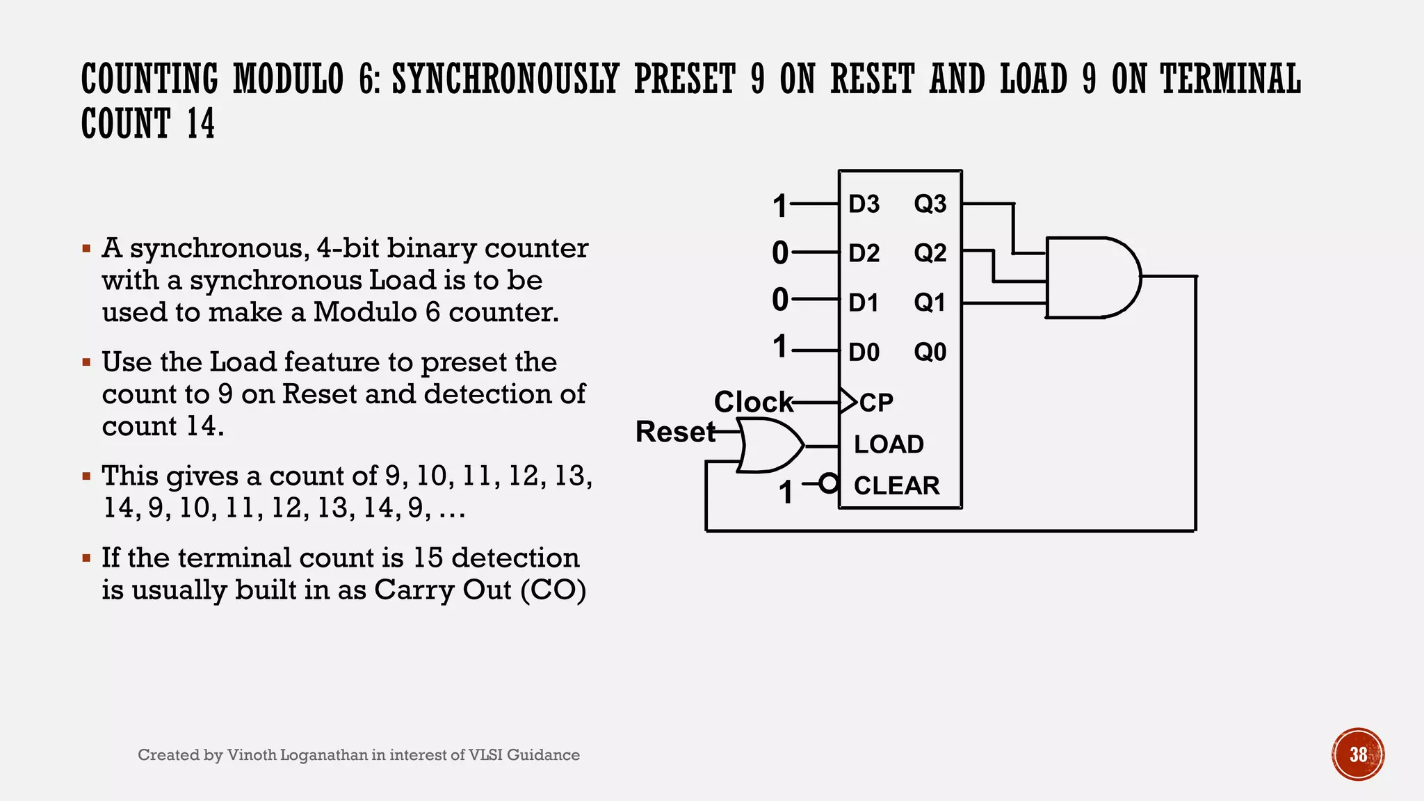  A synchronous, 4-bit binary counter
with a synchronous Load is to be
used to make a Modulo 6 counter.
 Use the Load feature to preset the
count to 9 on Reset and detection of
count 14.
 This gives a count of 9, 10, 11, 12, 13,
14, 9, 10, 11, 12, 13, 14, 9, …
 If the terminal count is 15 detection
is usually built in as Carry Out (CO)
Clock
D3 Q3
D2 Q2
D1 Q1
D0 Q0
CLEAR
CP
LOAD
0
0
1
1
COUNTING MODULO 6: SYNCHRONOUSLY PRESET 9 ON RESET AND LOAD 9 ON TERMINAL
COUNT 14
Reset
1
38Created by Vinoth Loganathan in interest of VLSI Guidance
 