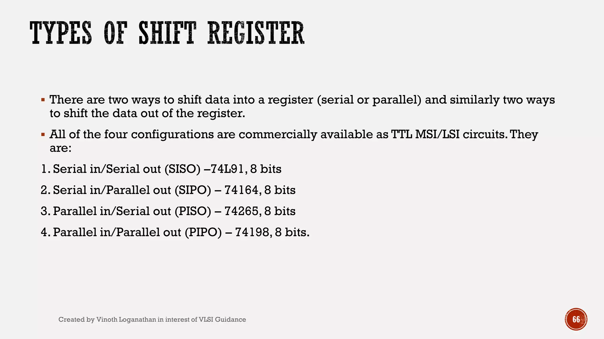  There are two ways to shift data into a register (serial or parallel) and similarly two ways
to shift the data out of the register.
 All of the four configurations are commercially available as TTL MSI/LSI circuits.They
are:
1. Serial in/Serial out (SISO) –74L91, 8 bits
2. Serial in/Parallel out (SIPO) – 74164, 8 bits
3. Parallel in/Serial out (PISO) – 74265, 8 bits
4. Parallel in/Parallel out (PIPO) – 74198, 8 bits.
66Created by Vinoth Loganathan in interest of VLSI Guidance
 
