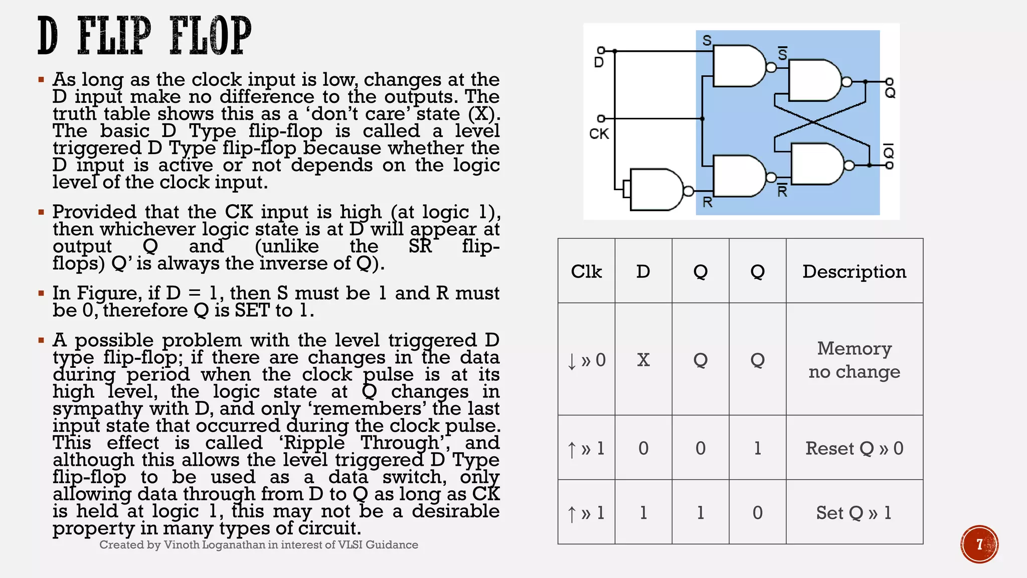  As long as the clock input is low, changes at the
D input make no difference to the outputs. The
truth table shows this as a ‘don’t care’ state (X).
The basic D Type flip-flop is called a level
triggered D Type flip-flop because whether the
D input is active or not depends on the logic
level of the clock input.
 Provided that the CK input is high (at logic 1),
then whichever logic state is at D will appear at
output Q and (unlike the SR flip-
flops) Q’ is always the inverse of Q).
 In Figure, if D = 1, then S must be 1 and R must
be 0, therefore Q is SET to 1.
 A possible problem with the level triggered D
type flip-flop; if there are changes in the data
during period when the clock pulse is at its
high level, the logic state at Q changes in
sympathy with D, and only ‘remembers’ the last
input state that occurred during the clock pulse.
This effect is called ‘Ripple Through’, and
although this allows the level triggered D Type
flip-flop to be used as a data switch, only
allowing data through from D to Q as long as CK
is held at logic 1, this may not be a desirable
property in many types of circuit.
7
Clk D Q Q Description
↓ » 0 X Q Q
Memory
no change
↑ » 1 0 0 1 Reset Q » 0
↑ » 1 1 1 0 Set Q » 1
Created by Vinoth Loganathan in interest of VLSI Guidance
 