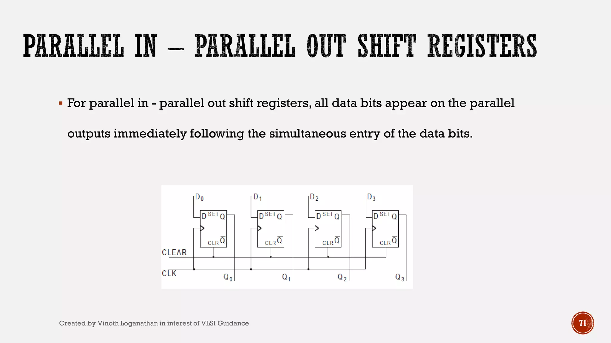 For parallel in - parallel out shift registers, all data bits appear on the parallel
outputs immediately following the simultaneous entry of the data bits.
71Created by Vinoth Loganathan in interest of VLSI Guidance
 