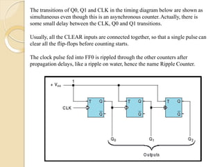 The transitions of Q0, Q1 and CLK in the timing diagram below are shown as
simultaneous even though this is an asynchronous counter. Actually, there is
some small delay between the CLK, Q0 and Q1 transitions.
Usually, all the CLEAR inputs are connected together, so that a single pulse can
clear all the flip-flops before counting starts.
The clock pulse fed into FF0 is rippled through the other counters after
propagation delays, like a ripple on water, hence the name Ripple Counter.
 