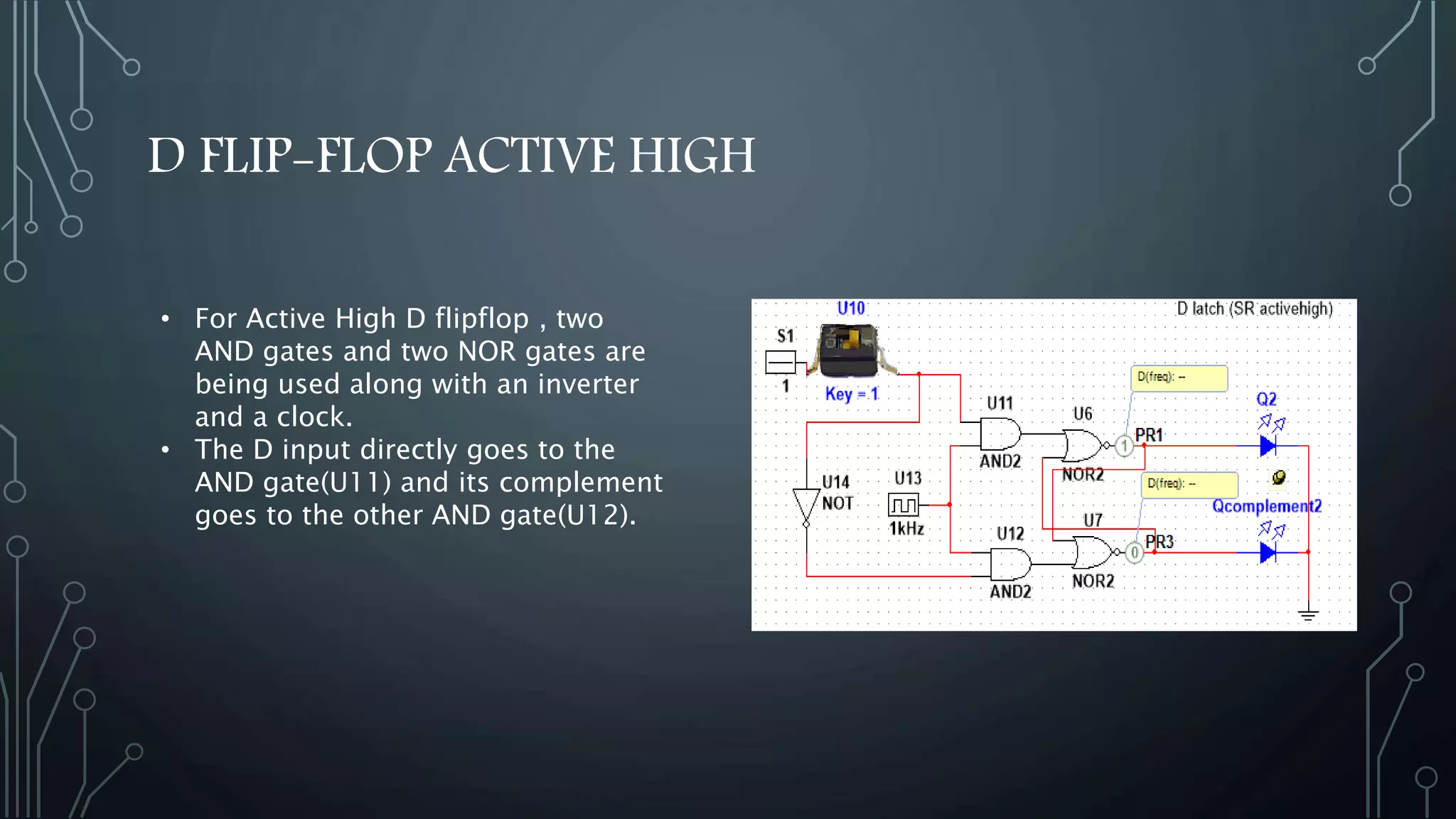 D FLIP-FLOP ACTIVE HIGH
• For Active High D flipflop , two
AND gates and two NOR gates are
being used along with an inverter
and a clock.
• The D input directly goes to the
AND gate(U11) and its complement
goes to the other AND gate(U12).
 