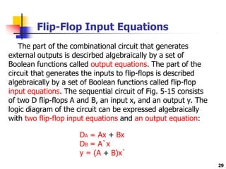 Flip-Flop Input Equations
29
The part of the combinational circuit that generates
external outputs is descirbed algebraically by a set of
Boolean functions called output equations. The part of the
circuit that generates the inputs to flip-flops is described
algebraically by a set of Boolean functions called flip-flop
input equations. The sequential circuit of Fig. 5-15 consists
of two D flip-flops A and B, an input x, and an output y. The
logic diagram of the circuit can be expressed algebraically
with two flip-flop input equations and an output equation:
DA = Ax + Bx
DB = A`x
y = (A + B)x`
 
