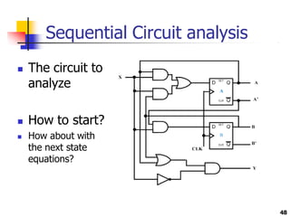 Sequential Circuit analysis
 The circuit to
analyze
 How to start?
 How about with
the next state
equations?
48
 