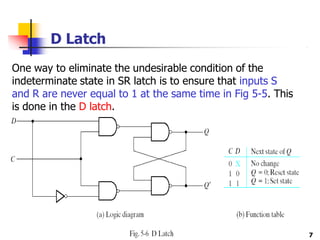 D Latch
One way to eliminate the undesirable condition of the
indeterminate state in SR latch is to ensure that inputs S
and R are never equal to 1 at the same time in Fig 5-5. This
is done in the D latch.
7
 