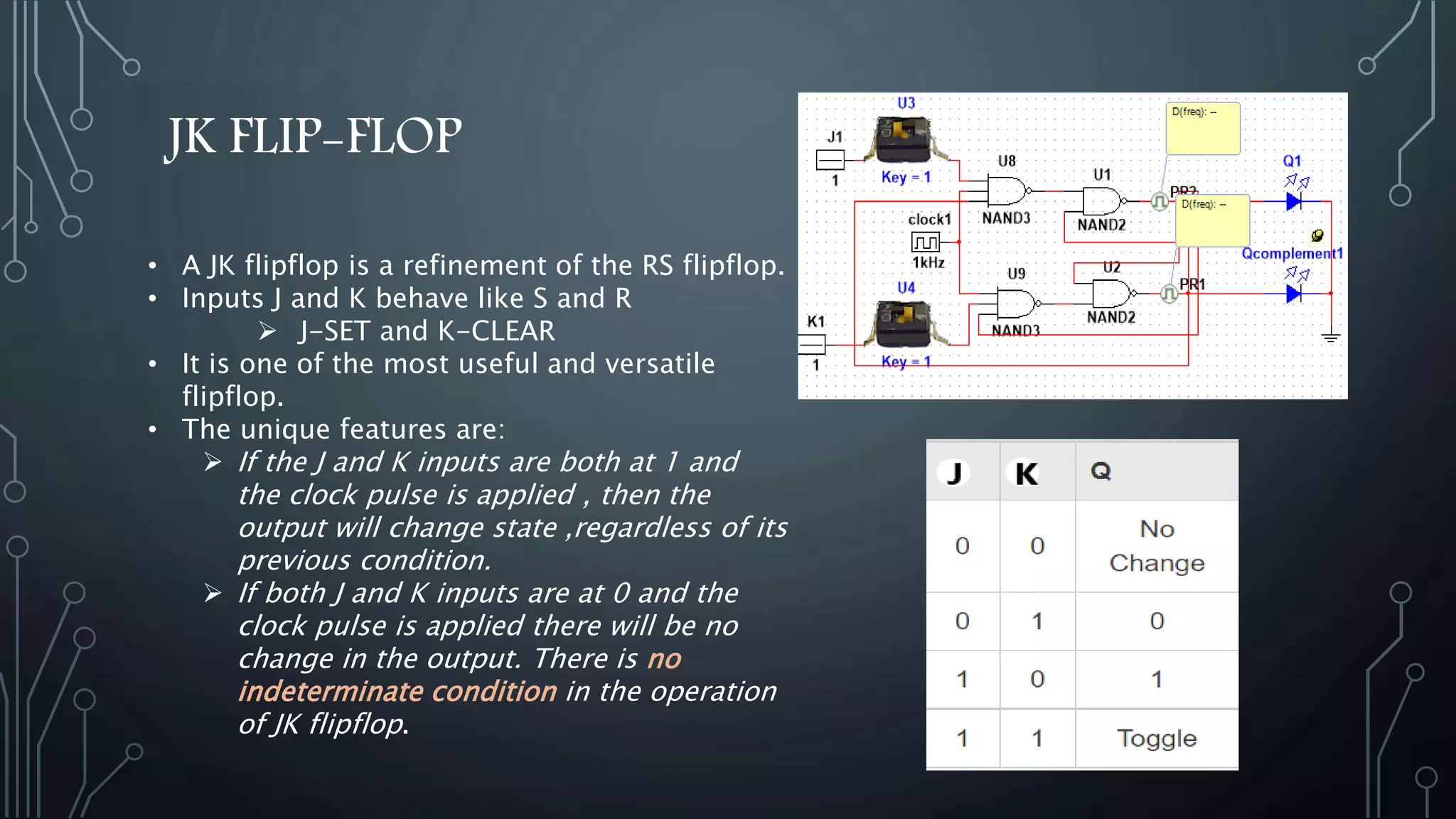 JK FLIP-FLOP
• A JK flipflop is a refinement of the RS flipflop.
• Inputs J and K behave like S and R
 J-SET and K-CLEAR
• It is one of the most useful and versatile
flipflop.
• The unique features are:
 If the J and K inputs are both at 1 and
the clock pulse is applied , then the
output will change state ,regardless of its
previous condition.
 If both J and K inputs are at 0 and the
clock pulse is applied there will be no
change in the output. There is no
indeterminate condition in the operation
of JK flipflop.
 