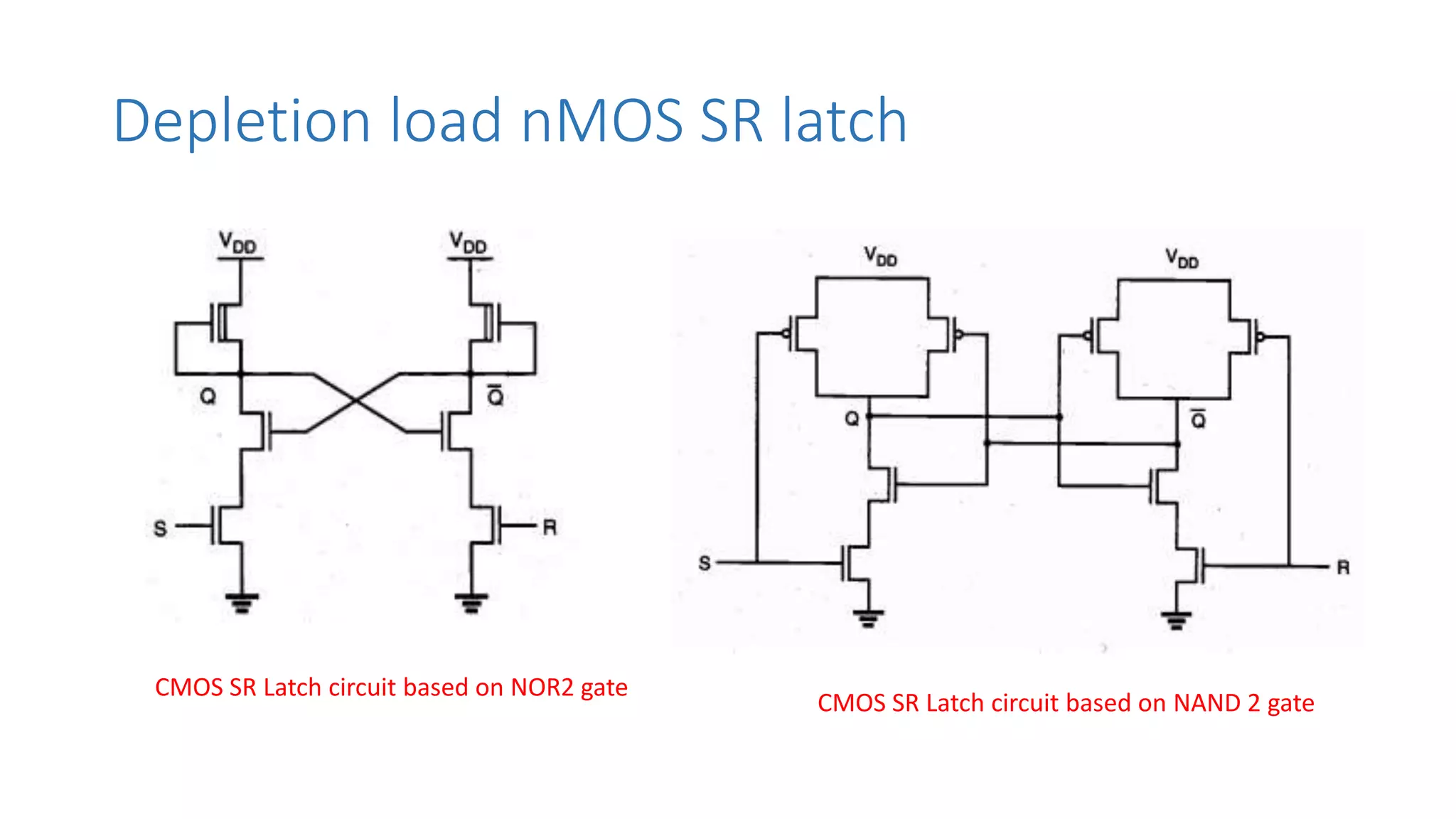 Depletion load nMOS SR latch
CMOS SR Latch circuit based on NOR2 gate
CMOS SR Latch circuit based on NAND 2 gate
 