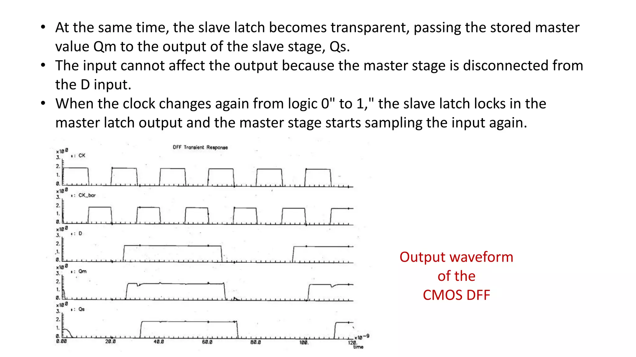 • At the same time, the slave latch becomes transparent, passing the stored master
value Qm to the output of the slave stage, Qs.
• The input cannot affect the output because the master stage is disconnected from
the D input.
• When the clock changes again from logic 0" to 1," the slave latch locks in the
master latch output and the master stage starts sampling the input again.
Output waveform
of the
CMOS DFF
 