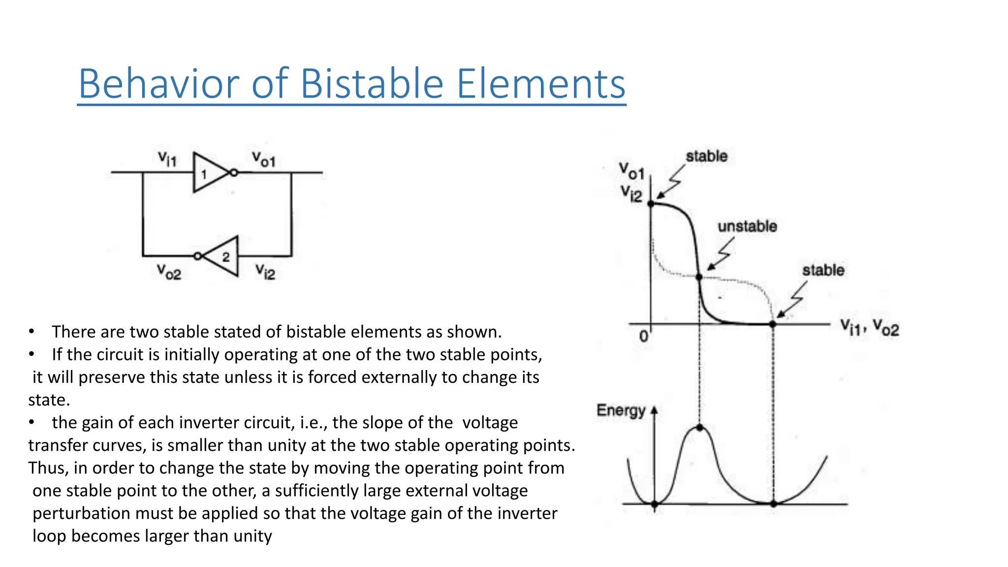 Behavior of Bistable Elements
• There are two stable stated of bistable elements as shown.
• If the circuit is initially operating at one of the two stable points,
it will preserve this state unless it is forced externally to change its
state.
• the gain of each inverter circuit, i.e., the slope of the voltage
transfer curves, is smaller than unity at the two stable operating points.
Thus, in order to change the state by moving the operating point from
one stable point to the other, a sufficiently large external voltage
perturbation must be applied so that the voltage gain of the inverter
loop becomes larger than unity
 
