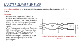 MASTER SLAVE FLIP-FLOP
operating principle: the two cascaded stages are activated with opposite clock
phases.
Master slave flip flop consisting of NAND based JK
Latches.
WORKING:
• The input latch in called the "master," is
activated when the clock pulse is high. During
this phase, the inputs J and K allow data to be
entered into the flip-flop, and the first-stage
outputs are set according to the primary
inputs.
• When the clock pulse goes to zero, the master
latch becomes inactive and the second-stage
latch, called the "slave," becomes active. The
output levels of the flip-flop circuit are
determined during this second phase, based
on the master-stage outputs set in the
previous phase.
 