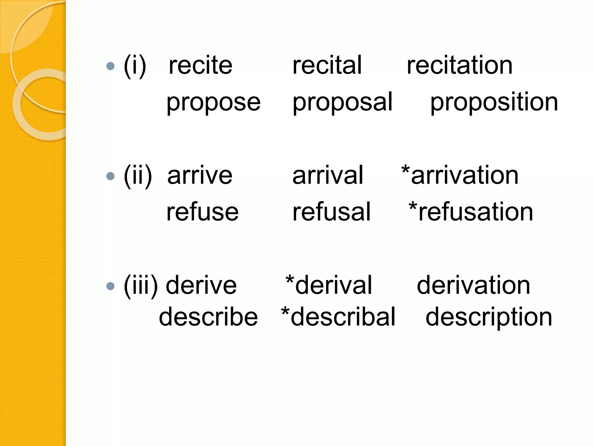  (i) recite recital recitation
propose proposal proposition
 (ii) arrive arrival *arrivation
refuse refusal *refusation
 (iii) derive *derival derivation
describe *describal description
 