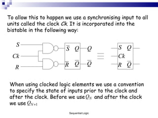 To allow this to happen we use a synchronising input to all units called the clock  Ck . It is incorporated into the bistable in the following way: When using clocked logic elements we use a convention to specify the state of inputs prior to the clock and after the clock. Before we use  and after the clock we use  Sequential Logic 