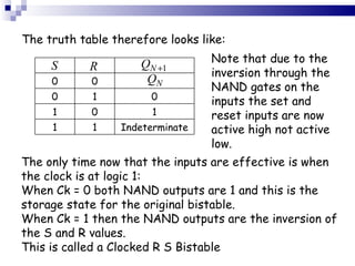 The truth table therefore looks like: Note that due to the inversion through the NAND gates on the inputs the set and reset inputs are now active high not active low. The only time now that the inputs are effective is when the clock is at logic 1: When Ck = 0 both NAND outputs are 1 and this is the storage state for the original bistable. When Ck = 1 then the NAND outputs are the inversion of the S and R values. This is called a Clocked R S Bistable 0 0 0 1 0 1 0 1 1 1 Indeterminate 
