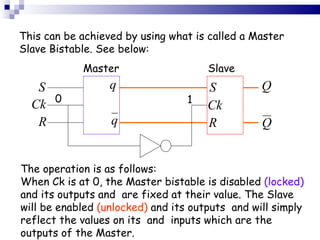 This can be achieved by using what is called a Master Slave Bistable. See below:   Master   Slave The operation is as follows: When Ck is at 0, the Master bistable is disabled  (locked)  and its outputs and  are fixed at their value. The Slave will be enabled  (unlocked)  and its outputs  and will simply reflect the values on its  and  inputs which are the outputs of the Master. 0 1 