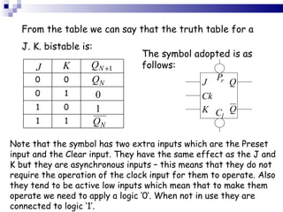 From the table we can say that the truth table for a  J. K. bistable is: The symbol adopted is as follows: Note that the symbol has two extra inputs which are the Preset input and the Clear input. They have the same effect as the J and K but they are asynchronous inputs – this means that they do not require the operation of the clock input for them to operate. Also they tend to be active low inputs which mean that to make them operate we need to apply a logic ‘0’. When not in use they are connected to logic ‘1’. 0 0 0 1 1 0 1 1 