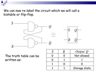 We can now re-label the circuit which we will call a bistable or flip-flop. The truth table can be written as:  0 0 Not allowed 0 1 1 1 0 0 1 1 Storage state 
