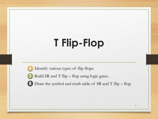 T Flip-Flop
Identify various types of flip-flops.
Build SR and T flip – flop using logic gates.
Draw the symbol and truth table of SR and T flip – flop.
4
5
6
3
 