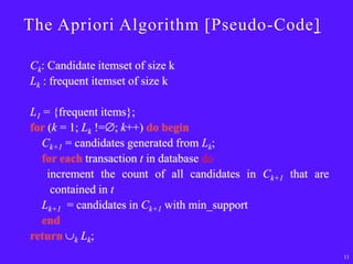 The Apriori Algorithm [Pseudo-Code]

Ck: Candidate itemset of size k
Lk : frequent itemset of size k

L1 = {frequent items};
for (k = 1; Lk != ; k++) do begin
  Ck+1 = candidates generated from Lk;
  for each transaction t in database do
    increment the count of all candidates in Ck+1 that are
     contained in t
  Lk+1 = candidates in Ck+1 with min_support
  end
return k Lk;
                                                             11
 