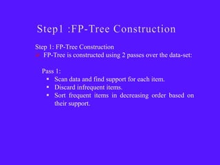 Step 1: FP-Tree Construction
 FP-Tree is constructed using 2 passes over the data-set:

  Pass 1:
    Scan data and find support for each item.
    Discard infrequent items.
    Sort frequent items in decreasing order based on
      their support.
 
