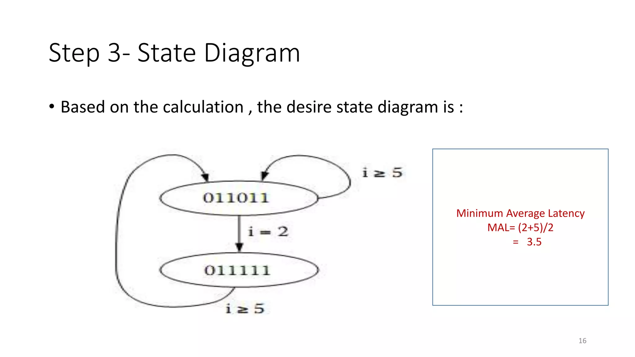 Step 3- State Diagram
• Based on the calculation , the desire state diagram is :
Minimum Average Latency
MAL= (2+5)/2
= 3.5
16
 