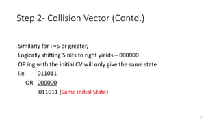 Step 2- Collision Vector (Contd.)
Similarly for i =5 or greater,
Logically shifting 5 bits to right yields – 000000
OR ing with the initial CV will only give the same state
i.e 011011
OR 000000
011011 (Same initial State)
15
 