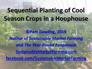 Sequential Planting of Cool
Season Crops in a Hoophouse
©Pam Dawling, 2019
Author of Sustainable Market Farming
and The Year-Round hoophouse
SustainableMarketFarming.com
facebook.com/SustainableMarketFarming
 