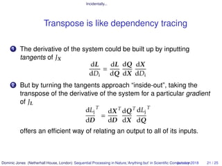 Incidentally...
Transpose is like dependency tracing
1 The derivative of the system could be built up by inputting
tangents of JX
dL
dDi
=
dL
dQ
dQ
dX
dX
dDi
2 But by turning the tangents approach “inside-out”, taking the
transpose of the derivative of the system for a particular gradient
of JL
dLj
dD
T
=
dX
dD
T
dQ
dX
T dLj
dQ
T
offers an efﬁcient way of relating an output to all of its inputs.
Dominic Jones (Netherhall House, London) Sequential Processing in Nature,‘Anything but’ in Scientiﬁc ComputationJanuary 2018 21 / 25
 