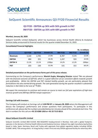 SeQuent Scientific Announces Q3 FY20 Financial Results
Q3 FY20 - EBITDA up 36% with 56% growth in PAT
9M FY20 - EBITDA up 35% with 68% growth in PAT
Mumbai, January 28, 2020
SeQuent Scientific Limited (SeQuent), which has businesses across Animal Health (Alivira) & Analytical
Services today announced its financial results for the quarter ended December 31, 2019.
Consolidated Financial Highlights
Rs. in millions .
Q3 FY20 Q3 FY19 Growth (%) 9M FY20 9M FY19 Growth (%)
Revenues 3,164 2,705 17.0% 8,787 7,574 16.0%
EBITDA 484 355 36.4% 1,247 924 34.9%
EBITDA % 15.3% 13.1% 220bps 14.2% 12.2% 200bps
PAT 203 130 55.9% 531 315 68.2%
Detailed presentation on the performance forms part of this press release.
Commenting on the Company’s performance, Manish Gupta, Managing Director stated “We are pleased
with the financial outcome of Q3FY20, which is a good reflection of our consistent efforts towards growth
and profitability. Whilst the EBITDA and PAT clocked healthy growth, we are particularly pleased that
formulations has also started driving growth. The cash generation during the quarter resulted in substantial
reduction in Net Debt to the tune of ~₹ 40Cr.
We expect the momentum to continue and remain on course to meet our full year aspirations of high-teen
revenue growth and 200+bps EBITDA margin expansion.”
Earnings Call with Investors
The Company will conduct an Earnings call at 3:30 PM IST on January 28, 2020 where the Management will
discuss the Company’s performance and answer questions from participants. To participate in this
conference call, please dial the numbers provided below ten minutes ahead of the scheduled start time. The
dial-in numbers for this call are +91 22 6280 1263 or +91 22 7115 8213.
About SeQuent Scientific Limited
SeQuent Scientific Limited (BSE-512529, NSE-SEQUENT) headquartered in Mumbai, India with a global footprint,
operates in the domains of Animal Health (Alivira) and Analytical Services. SeQuent has eight manufacturing facilities
based in India, Spain, Germany, Brazil and Turkey with approvals from global regulatory bodies including USFDA,
EUGMP, WHO, TGA among others. Its Vizag facility is India’s first and only USFDA approved facility for veterinary APIs.
 