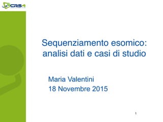 Sequenziamento esomico:
analisi dati e casi di studio
Maria Valentini
18 Novembre 2015
1
 