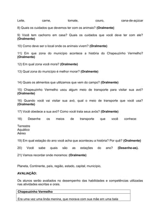 Leite,

carne,

tomate,

couro,

cana-de-açúcar

8) Quais os cuidados que devemos ter com os animais? (Oralmente)
9) Você tem cachorro em casa? Quais os cuidados que você deve ter com ele?
(Oralmente)
10) Como deve ser o local onde os animais vivem? (Oralmente)
11) Em que zona do município acontece a história do Chapeuzinho Vermelho?
(Oralmente)
12) Em qual zona você mora? (Oralmente)
13) Qual zona do município é melhor morar? (Oralmente)
14) Quais os alimentos que utilizamos que vem do campo? (Oralmente)
15) Chapeuzinho Vermelho usou algum meio de transporte para visitar sua avó?
(Oralmente)
16) Quando você vai visitar sua avó, qual o meio de transporte que você usa?
(Oralmente)
17) Você obedece a sua avó? Como você trata seus avós? (Oralmente)
18)

Desenhe

os

meios

de

transporte

que

você

conhece:

Terrestre
Aquático
Aéreo
19) Em qual estação do ano você acha que aconteceu a história? Por quê? (Oralmente)
20)

Você

sabe

quais

são

as

estações

do

ano?

(Desenhe-as).

21) Vamos recordar onde moramos: (Oralmente)
Planeta, Continente, país, região, estado, capital, município,
AVALIAÇÃO:
Os alunos serão avaliados no desempenho das habilidades e competências utilizadas
nas atividades escritas e orais.
Chapeuzinho Vermelho
Era uma vez uma linda menina, que morava com sua mãe em uma bela

 