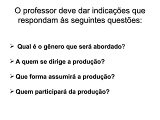 O professor deve dar indicações que respondam às seguintes questões: Qual é o gênero que será abordado ?  A quem se dirige a produção? Que forma assumirá a produção? Quem participará da produção? 