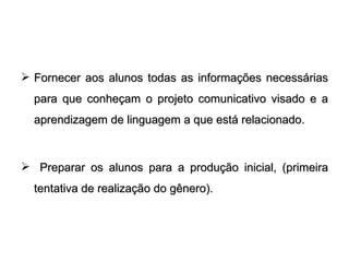 Fornecer aos alunos todas as informações necessárias para que conheçam o projeto comunicativo visado e a aprendizagem de linguagem a que está relacionado. Preparar os alunos para a produção inicial, (primeira tentativa de realização do gênero). 