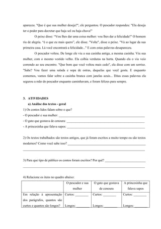 apareceu. "Que é que sua mulher deseja?", ele perguntou. O pescador respondeu: "Ela deseja
ter o poder para decretar que haja sol ou haja chuva!"
        O peixe disse: “Vou lhes dar uma coisa melhor: vou lhes dar a felicidade!" O homem
riu de alegria. “è o que eu mais quero”, ele disse. "Volte", disse o peixe. "Vá ao lugar da sua
primeira casa. Lá você encontrará a felicidade..." E com estas palavras desapareceu.
        O pescador voltou. De longe ele viu a sua casinha antiga, a mesma casinha. Viu sua
mulher, com o mesmo vestido velho. Ela colhia verduras na horta. Quando ela o viu veio
correndo ao seu encontro. "Que bom que você voltou mais cedo", ela disse com um sorriso.
"Sabe? Vou fazer uma salada e sopa de ostras, daquelas que você gosta. E enquanto
comemos, vamos falar sobre a casinha branca com janelas azuis... Ditas essas palavras ela
segurou a mão do pescador enquanto caminhavam, e foram felizes para sempre.




3. ATIVIDADES
   a) Análise dos textos - geral
1) Os contos lidos falam sobre o que?
- O pescador e sua mulher: _____________________________________________________
- O gato que gostava de cenoura: ________________________________________________
- A princesinha que falava sapos: ________________________________________________


2) Os textos trabalhados são textos antigos, que já foram escritos a muito tempo ou são textos
modernos? Como você sabe isso? ________________________________________________
___________________________________________________________________________


3) Para que tipo de público os contos foram escritos? Por quê? _________________________
___________________________________________________________________________


4) Relacione os itens no quadro abaixo:
                                   O pescador e sua      O gato que gostava   A princesinha que
                                        mulher               de cenoura          falava sapos
Em relação à apresentação Curtos: ________               Curtos: ________     Curtos: ________
dos parágrafos, quantos são
curtos e quantos são longos?    Longos: ________         Longos: ________     Longos: ________
 