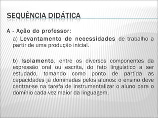 A - Ação do professor:
  a) Levantamento de necessidades de trabalho a
  partir de uma produção inicial.

 b) Isolamento, entre os diversos componentes da
 expressão oral ou escrita, do fato linguístico a ser
 estudado, tomando como ponto de partida as
 capacidades já dominadas pelos alunos: o ensino deve
 centrar-se na tarefa de instrumentalizar o aluno para o
 domínio cada vez maior da linguagem.
 