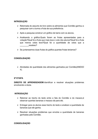 INTRODUÇÃO
 Retomada do assunto do livro sobre os alimentos que Comilão ganhou e
pesquisar com a turma a fruta de sua preferência.
 Após a pesquisa construir um gráfico de barra com os alunos.
 Analisando o gráfico:Quais foram as frutas apresentadas para a
votação?Qual foi a fruta que mais teve o voto dos alunos?Qual foi a fruta
que menos votos teve?Qual foi a quantidade de votos que a
________recebeu?
 Se juntarssemos duas frutas do gráfico,quantas frutas teriamos?

CONSOLIDAÇÃO

 Atividades de quantidade dos alimentos ganhados por Comilão(ANEXO
4).

6ª ETAPA
DIREITO DE APRENDIZAGEM:Identificar e resolver situações problemas
envolvendo a dúzia.

INTRODUÇÃO
 Retomar ao trecho do texto entre a fala do Comilão e do macaco,é
observar quantas bananas o macaco dá para ele.
 Entregar para os alunos esse trecho do texto e analizar a quantidade de
bananas que ele ganha.
 Resolver situações problemas que envolve a quantidade de bananas
ganhadas pelo Comilão.

CONSOLIDAÇÃO

 