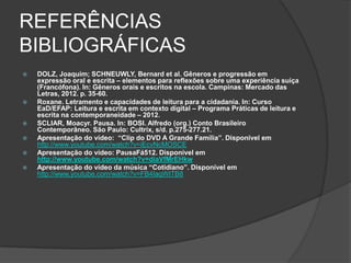 REFERÊNCIAS
BIBLIOGRÁFICAS
 DOLZ, Joaquim; SCHNEUWLY, Bernard et al. Gêneros e progressão em
expressão oral e escrita – elementos para reflexões sobre uma experiência suíça
(Francófona). In: Gêneros orais e escritos na escola. Campinas: Mercado das
Letras, 2012. p. 35-60.
 Roxane. Letramento e capacidades de leitura para a cidadania. In: Curso
EaD/EFAP: Leitura e escrita em contexto digital – Programa Práticas de leitura e
escrita na contemporaneidade – 2012.
 SCLIAR, Moacyr. Pausa. In: BOSI. Alfredo (org.) Conto Brasileiro
Contemporâneo. São Paulo: Cultrix, s/d. p.275-277.21.
 Apresentação do vídeo: “Clip do DVD A Grande Família”. Disponível em
http://www.youtube.com/watch?v=iEcvNcMOSCE
 Apresentação do vídeo: PausaFá512. Disponível em
http://www.youtube.com/watch?v=diaVfMrEHkw
 Apresentação do vídeo da música “Cotidiano”. Disponível em
http://www.youtube.com/watch?v=FB4IaqWITB8
 