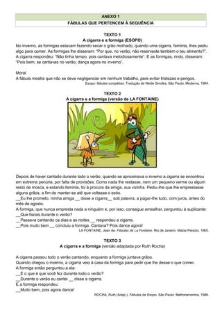 ANEXO 1
FÁBULAS QUE PERTENCEM À SEQUÊNCIA
TEXTO 1
A cigarra e a formiga (ESOPO)
No inverno, as formigas estavam fazendo secar o grão molhado, quando uma cigarra, faminta, lhes pediu
algo para comer. As formigas lhe disseram: ―Por que, no verão, não reservaste também o teu alimento?‖.
A cigarra respondeu: ―Não tinha tempo, pois cantava melodiosamente‖. E as formigas, rindo, disseram:
―Pois bem, se cantavas no verão, dança agora no inverno‖.
Moral
A fábula mostra que não se deve negligenciar em nenhum trabalho, para evitar tristezas e perigos.
Esopo: fábulas completas. Tradução de Neide Smolka. São Paulo, Moderna, 1994.
TEXTO 2
A cigarra e a formiga (versão de LA FONTAINE)
Depois de haver cantado durante todo o verão, quando se aproximava o inverno a cigarra se encontrou
em extrema penúria, por falta de provisões. Como nada lhe restasse, nem um pequeno verme ou algum
resto de mosca, e estando faminta, foi à procura da amiga, sua vizinha. Pediu-lhe que lhe emprestasse
alguns grãos, a fim de manter-se até que voltasse o estio.
__Eu lhe prometo, minha amiga __ disse a cigarra__ sob palavra, a pagar-lhe tudo, com juros, antes do
mês de agosto.
A formiga, que nunca empresta nada a ninguém e, por isso, consegue amealhar, perguntou à suplicante:
__Que fazias durante o verão?
__Passava cantando os dias e as noites __ respondeu a cigarra.
__Pois muito bem __ concluiu a formiga. Cantava? Pois dance agora!
LA FONTAINE, Jean de. Fábulas de La Fontaine. Rio de Janeiro: Matos Peixoto, 1965.
TEXTO 3
A cigarra e a formiga (versão adaptada por Ruth Rocha)
A cigarra passou todo o verão cantando, enquanto a formiga juntava grãos.
Quando chegou o inverno, a cigarra veio à casa da formiga para pedir que lhe desse o que comer.
A formiga então perguntou a ela:
__E o que é que você fez durante todo o verão?
__Durante o verão eu cantei __ disse a cigarra.
E a formiga respondeu:
__Muito bem, pois agora dance!
ROCHA, Ruth (Adap.). Fábulas de Esopo. São Paulo: Melhoramentos, 1986.
 