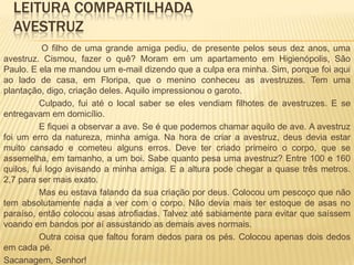 LEITURA COMPARTILHADA
AVESTRUZ
O filho de uma grande amiga pediu, de presente pelos seus dez anos, uma
avestruz. Cismou, fazer o quê? Moram em um apartamento em Higienópolis, São
Paulo. E ela me mandou um e-mail dizendo que a culpa era minha. Sim, porque foi aqui
ao lado de casa, em Floripa, que o menino conheceu as avestruzes. Tem uma
plantação, digo, criação deles. Aquilo impressionou o garoto.
Culpado, fui até o local saber se eles vendiam filhotes de avestruzes. E se
entregavam em domicílio.
E fiquei a observar a ave. Se é que podemos chamar aquilo de ave. A avestruz
foi um erro da natureza, minha amiga. Na hora de criar a avestruz, deus devia estar
muito cansado e cometeu alguns erros. Deve ter criado primeiro o corpo, que se
assemelha, em tamanho, a um boi. Sabe quanto pesa uma avestruz? Entre 100 e 160
quilos, fui logo avisando a minha amiga. E a altura pode chegar a quase três metros.
2,7 para ser mais exato.
Mas eu estava falando da sua criação por deus. Colocou um pescoço que não
tem absolutamente nada a ver com o corpo. Não devia mais ter estoque de asas no
paraíso, então colocou asas atrofiadas. Talvez até sabiamente para evitar que saíssem
voando em bandos por aí assustando as demais aves normais.
Outra coisa que faltou foram dedos para os pés. Colocou apenas dois dedos
em cada pé.
Sacanagem, Senhor!
 
