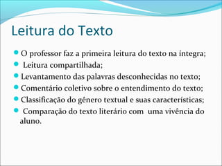 Leitura do Texto
O professor faz a primeira leitura do texto na íntegra;
 Leitura compartilhada;
Levantamento das palavras desconhecidas no texto;
Comentário coletivo sobre o entendimento do texto;
Classificação do gênero textual e suas características;
 Comparação do texto literário com uma vivência do
aluno.
 