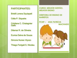 PARTICIPANTES:
Brielli Lorena Squiapati
Célia P. Siqueira
Cristiane C. Chatagnier
Gallo
Dilamar R. de Oliveira
Eunice Dalva de Souza
Simone Nunes Viçozo
Thiago Ferigati S. Nicolau
CURSO: MELHOR GESTÃO,
MELHOR ENSINO
DIRETORIA DE ENSINO DE
BARRETOS
PCNP – ANA PATRíCIA
MACHADO
 