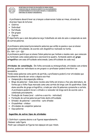 SECRETARIA DE ESTADO DE EDUCAÇÃO DE MINAS GERAIS
SUBSECRETARIA DE DESENVOLVIMENTO DA EDUCAÇÃOBÁSICA
SUPERINTENDÊNCIA DE EDUCAÇÃO INFANTIL E FUNDAMENTAL
DIRETORIA DE ENSINO FUNDAMENTAL
A professora deverá levar as crianças a observarem todas as rimas, através de
diversos tipos de leituras:
• Coletiva
• Individual
• Partilhada
• Em grupos
• Jograis
É importante que o som das palavras seja trabalhado em sala de aula e comparado ao som
de outras palavras.
A professora selecionará previamente palavras que estão no poema e que os alunos
apresentam dificuldades, de acordo com diagnóstico realizado na turma.
Ex.: NH – LH – QU
A professora pedirá que os alunos falem palavras que tenham o mesmo som, que comecem
ou terminem como essas palavras e escreverá no quadro, formando assim um grupo
ortográfico com essa dificuldade selecionada. (uma dificuldade de cada vez)
Atividades de consolidação. Em folha xerocada ou mimeografada, atividades com ordens
diretas, podem ser individuais ou em grupos e o professor poderá interferir se
necessário.
Tendo essas palavras como ponto de partida, a professora poderá criar atividades que
inicialmente deverão ser orais e depois escritas:
• Composição e decomposição silábica
• Bingo de palavras – Cada aluno recebe uma folha em branco e faz uma dobradura, de
forma que a folha fique marcada como uma cartela de bingo com 16 quadrinhos. Cada
aluno escolhe do grupo ortográfico, criado por eles 16 palavras e preenche a cartela.
A professora poderá iniciar o ditado e o vencedor do bingo será de acordo com o
combinado previamente.
• Produção de frases (oral - coletiva e escrita - individual)
• Formação de outras palavras partindo desta dificuldade
• Ditados: de palavras – concretos - auto ditados
• Cruzadinhas – silabox
• Atividades de completar palavras
• Caça palavras
Sugestões de outros tipos de atividades
1. Distribuir o poema abaixo e as figuras separadamente.
-Nomear cada figura
-Pedir que coloquem as figuras nos espaços em que rimem.
 