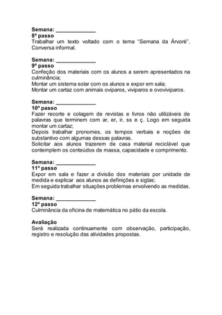 Semana: _____________ 
8º passo 
Trabalhar um texto voltado com o tema “Semana da Árvoré”. 
Conversa informal. 
Semana: _____________ 
9º passo 
Confeção dos materiais com os alunos a serem apresentados na 
culminância; 
Montar um sistema solar com os alunos e expor em sala; 
Montar um cartaz com animais oviparos, viviparos e ovoviviparos. 
Semana: _____________ 
10º passo 
Fazer recorte e colagem de revistas e livros não utilizáveis de 
palavras que terminem com ar, er, ir, ss e ç. Logo em seguida 
montar um cartaz; 
Depois trabalhar pronomes, os tempos verbais e noções de 
substantivo com algumas dessas palavras. 
Solicitar aos alunos trazerem de casa material reciclável que 
contemplem os conteúdos de massa, capacidade e comprimento. 
Semana: _____________ 
11º passo 
Expor em sala e fazer a divisão dos materiais por unidade de 
medida e explicar aos alunos as definições e siglas; 
Em seguida trabalhar situações problemas envolvendo as medidas. 
Semana: _____________ 
12º passo 
Culminância da oficina de matemática no pátio da escola. 
Avaliação 
Será realizada continuamente com observação, participação, 
registro e resolução das atividades propostas. 
