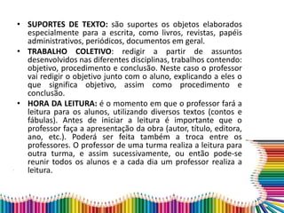 • SUPORTES DE TEXTO: são suportes os objetos elaborados
especialmente para a escrita, como livros, revistas, papéis
administrativos, periódicos, documentos em geral.
• TRABALHO COLETIVO: redigir a partir de assuntos
desenvolvidos nas diferentes disciplinas, trabalhos contendo:
objetivo, procedimento e conclusão. Neste caso o professor
vai redigir o objetivo junto com o aluno, explicando a eles o
que significa objetivo, assim como procedimento e
conclusão.
• HORA DA LEITURA: é o momento em que o professor fará a
leitura para os alunos, utilizando diversos textos (contos e
fábulas). Antes de iniciar a leitura é importante que o
professor faça a apresentação da obra (autor, título, editora,
ano, etc.). Poderá ser feita também a troca entre os
professores. O professor de uma turma realiza a leitura para
outra turma, e assim sucessivamente, ou então pode-se
reunir todos os alunos e a cada dia um professor realiza a
leitura.
 