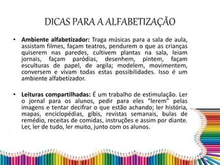 DICAS PARA A ALFABETIZAÇÃO
• Ambiente alfabetizador: Traga músicas para a sala de aula,
assistam filmes, façam teatros, pendurem o que as crianças
quiserem nas paredes, cultivem plantas na sala, leiam
jornais, façam paródias, desenhem, pintem, façam
esculturas de papel, de argila; modelem, movimentem,
conversem e vivam todas estas possibilidades. Isso é um
ambiente alfabetizador.
• Leituras compartilhadas: É um trabalho de estimulação. Ler
o jornal para os alunos, pedir para eles “lerem” pelas
imagens e tentar decifrar o que estão achando; ler história,
mapas, enciclopédias, gibis, revistas semanais, bulas de
remédio, receitas de comidas, instruções e assim por diante.
Ler, ler de tudo, ler muito, junto com os alunos.
 