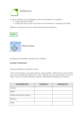 Atividade de casaAtividade de casaAtividade de casaAtividade de casa
Ler para a família a receita trabalhada na sala de aula. Perguntar aos familiares:
O que acharam da receita?
Conhecem outras receitas caseiras para outros tratamentos e manutenção da saúde?
Registrar no caderno impressões e informações dadas pelos familiares.
Roda de conversaRoda de conversaRoda de conversaRoda de conversa
Socialização das atividades realizadas com os familiares.
Atividades de MatemáticaAtividades de MatemáticaAtividades de MatemáticaAtividades de Matemática
Situações-problemas envolvendo a receita:
1) Na escola de Tiago, está acontecendo um surto de piolho. A diretoria da escola resolveu
fazer uma campanha para acabar com o surto. Sabendo que cada receita dá para o uso de 3
alunos e que na escola tem 258 alunos. Calcule a quantidade de ingredientes necessários:
INGREDIENTESINGREDIENTESINGREDIENTESINGREDIENTES 1 RECEITA1 RECEITA1 RECEITA1 RECEITA 86 RECEITAS86 RECEITAS86 RECEITAS86 RECEITAS
Arruda
Boldo
Folhas de melão São Caetano
Sabonete
Água
5ª aula5ª aula5ª aula5ª aula
 