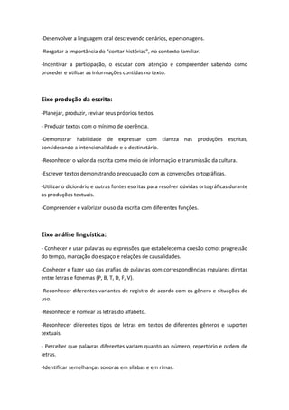 -Desenvolver a linguagem oral descrevendo cenários, e personagens.
-Resgatar a importância do “contar histórias”, no contexto familiar.
-Incentivar a participação, o escutar com atenção e compreender sabendo como
proceder e utilizar as informações contidas no texto.
Eixo produção da escrita:
-Planejar, produzir, revisar seus próprios textos.
- Produzir textos com o mínimo de coerência.
-Demonstrar habilidade de expressar com clareza nas produções escritas,
considerando a intencionalidade e o destinatário.
-Reconhecer o valor da escrita como meio de informação e transmissão da cultura.
-Escrever textos demonstrando preocupação com as convenções ortográficas.
-Utilizar o dicionário e outras fontes escritas para resolver dúvidas ortográficas durante
as produções textuais.
-Compreender e valorizar o uso da escrita com diferentes funções.
Eixo análise linguística:
- Conhecer e usar palavras ou expressões que estabelecem a coesão como: progressão
do tempo, marcação do espaço e relações de causalidades.
-Conhecer e fazer uso das grafias de palavras com correspondências regulares diretas
entre letras e fonemas (P, B, T, D, F, V).
-Reconhecer diferentes variantes de registro de acordo com os gênero e situações de
uso.
-Reconhecer e nomear as letras do alfabeto.
-Reconhecer diferentes tipos de letras em textos de diferentes gêneros e suportes
textuais.
- Perceber que palavras diferentes variam quanto ao número, repertório e ordem de
letras.
-Identificar semelhanças sonoras em sílabas e em rimas.
 