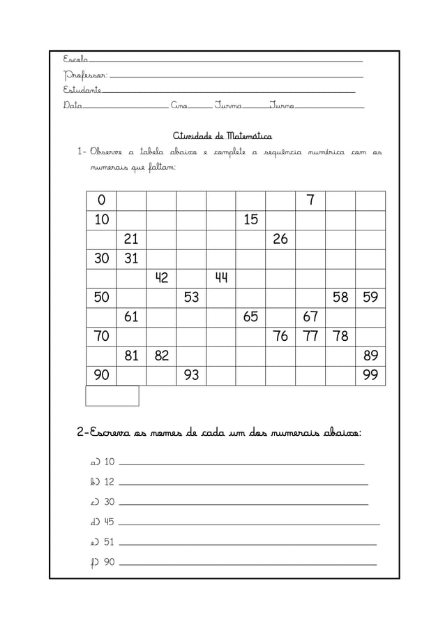 Sequência numérica de 0 a 100 - 3º Ano do Ensino Fundamental | PDF ...