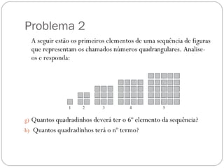 Problema 2 A seguir estão os primeiros elementos de uma sequência de figuras que representam os chamados números quadrangulares. Analise-os e responda: Quantos quadradinhos deverá ter o 6º elemento da sequência? Quantos quadradinhos terá o nº termo?  
