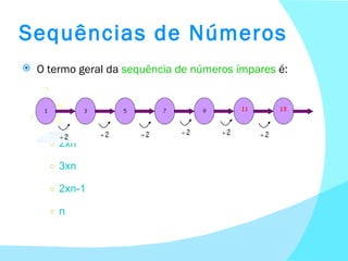 O termo geral da  sequência de números ímpares  é: 2xn 3xn 2xn-1 n Sequências de Números 