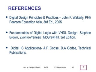 REFERENCES
 Digital Design Principles & Practices – John F. Wakerly, PHI/
Pearson Education Asia, 3rd Ed., 2005.
 Fundamentals of Digital Logic with VHDL Design- Stephen
Brown, ZvonkoVranesic, McGrawHill, 3rd Edition.
 Digital IC Applications- A.P Godse, D.A Godse, Technical
Publications.
Mr. M.PAVAN KUMAR DICA ECE Department RIT 2
 